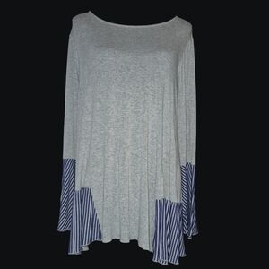 Maggy Rose Heather Grey Mixed Media Tunic Striped Bell Sleeves Hem Inserts - XL